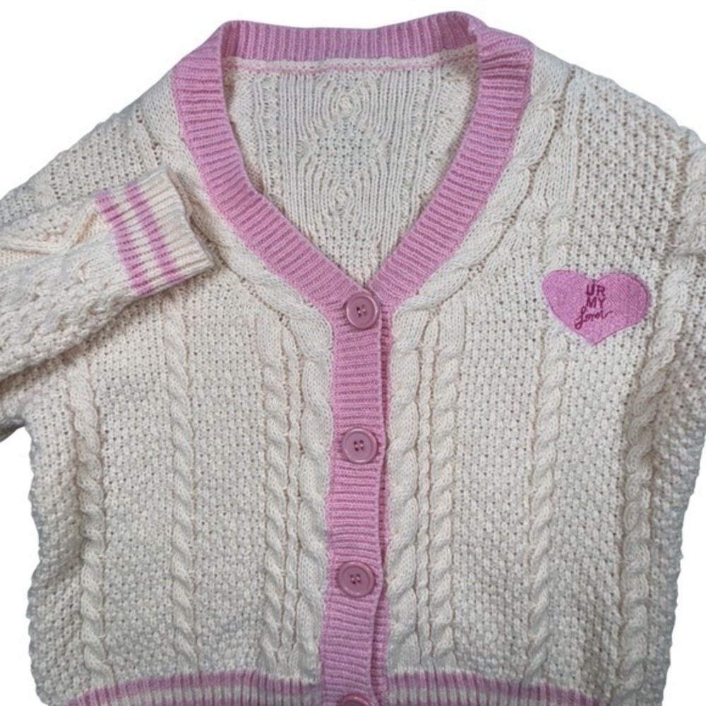 Cardigan Sweater Womens‎ L Cream Pink Heart Star Cable Knit Lover Unbrandrd